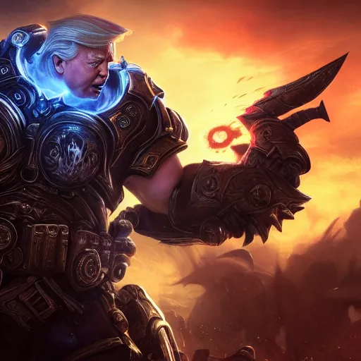 Image similar to Portrait of Trump, League of Legends amazing splashscreen artwork, Gears of War, splash art,natural light, elegant, photorealistic facial features, intricate, fantasy, detailed face, atmospheric lighting, anamorphic lens flare, cinematic lighting, league of legends splash art, hd wallpaper, ultra high details by Greg rutkowski