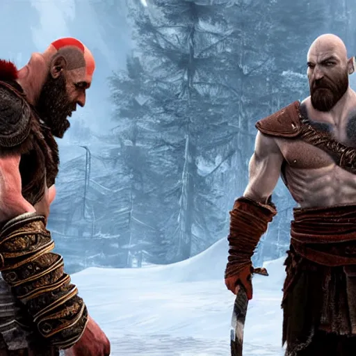 Image similar to screenshot of the game God of War with Kratos and Walter White standing next to eachother