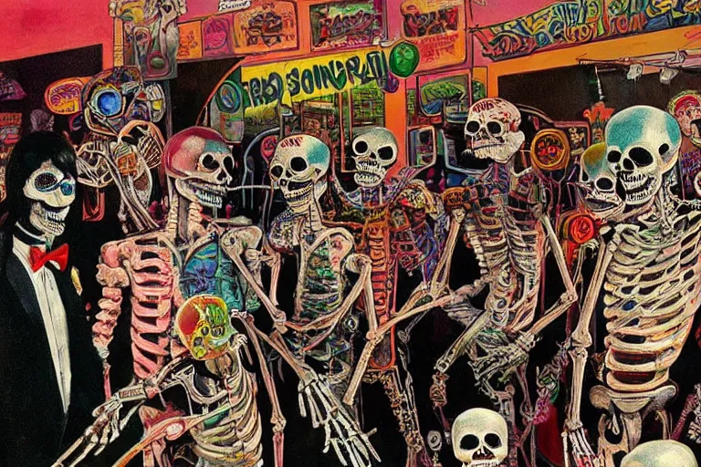 Image similar to scene from amusement arcade, day of the dead, cyber skeletons, queen in black silk in the center, neon painting by otto dix