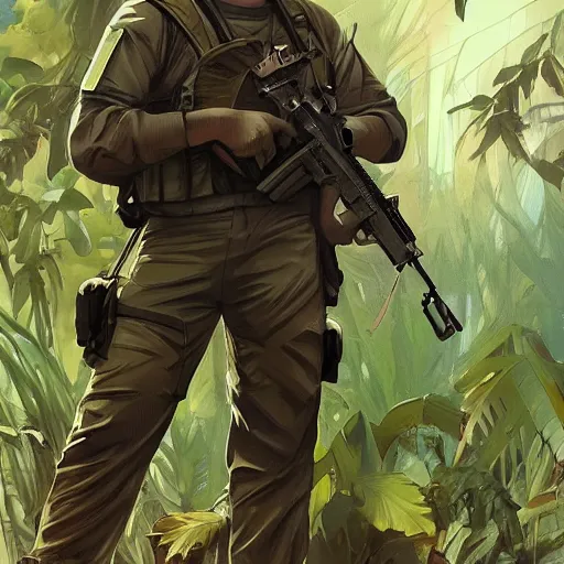 Image similar to american commandos patrolling south american jungle, in the style of artgerm and greg rutkowski and alphonse mucha