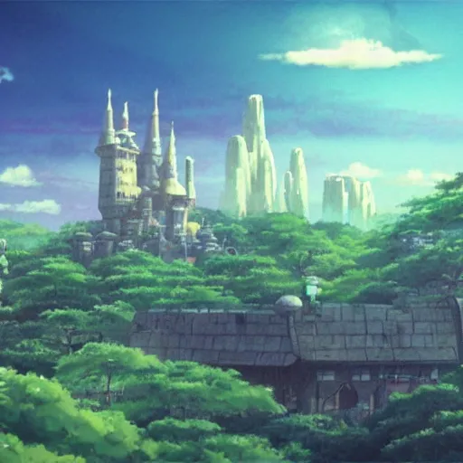 Prompt: castle in the sky, cyberpunk, studio ghibli, violet sky, anime background