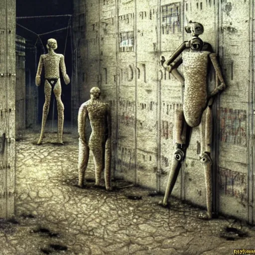 Image similar to humanoid robot prisoners in a dystopian prison yard, guards watching them, highly detailed beksinski art