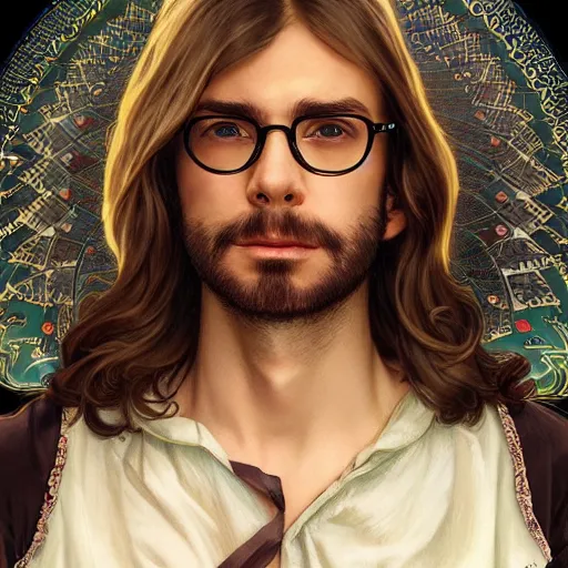 Prompt: highly detailed vfx portrait of a brown long hair centre parting pretty german boy with brown eyes and white! glasses and very short goatee by hidari, wenjun lin, alphonse mucha, sakimichan, sharp focus, art by artgerm and greg rutkowski!, backlit, harsh overhead sunlight,