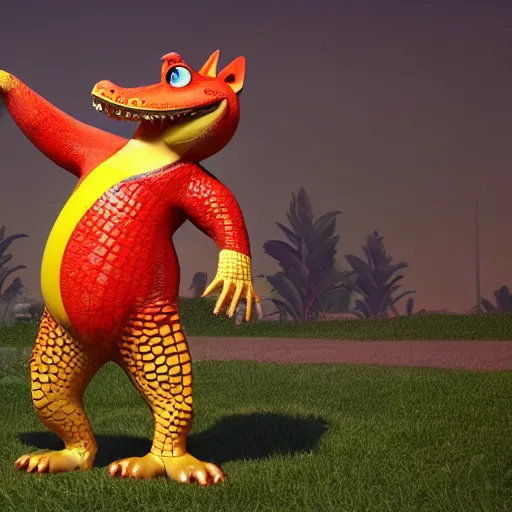 Image similar to 3 d render, anthropomorphic alligator, red scales on his back, yellow scale on his belly and chest, male, waring a hawaiian shirt, in the style of zootopia, hd, 4 k, high definition background