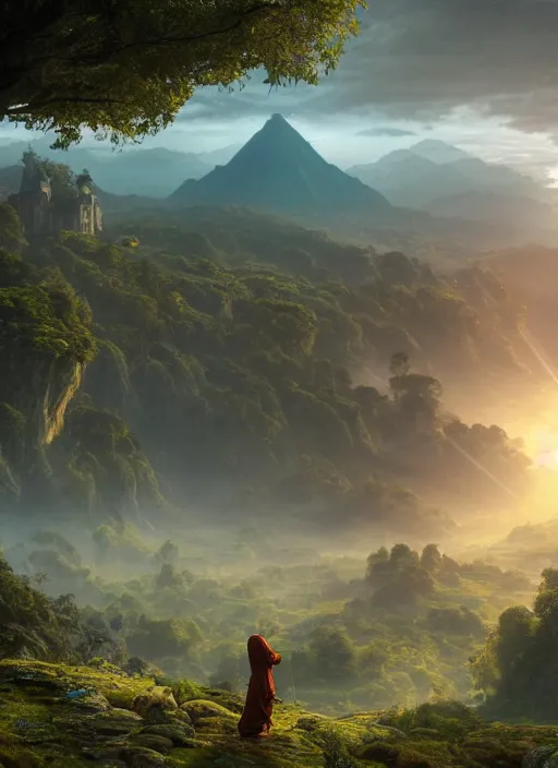 Image similar to a cosmic monk in lord of the rings scenery landscape, looking out at a vast lush valley at sunrise, huge temple in the distance, god's rays, highly detailed, vivid color, cinematic lighting, perfect composition, 8 k, gustave dore, derek zabrocki, greg rutkowski, belsinski, octane render