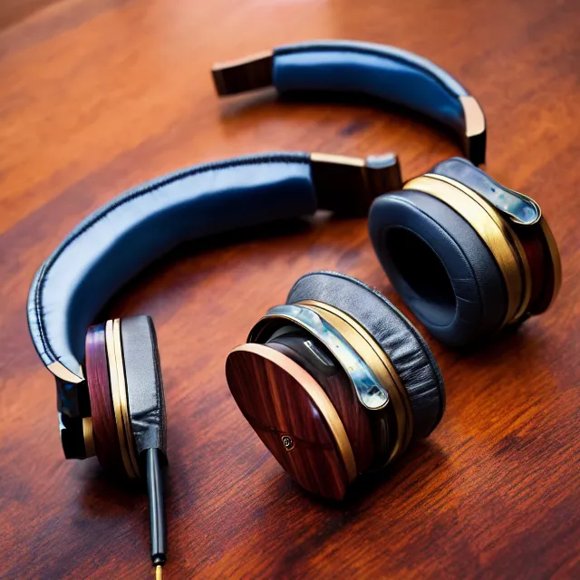 Image similar to masterpiece photo of beautiful hand crafted artistic exquisite metal headphones, bismuth rainbow metal, bismuth cups, plush leather pads, displayed on mahogany desk, modernist headphones, bismuth beautiful well designed, hyperrealistic, audiophile, intricate hyper detail, extreme high quality, photographic, audeze, sennheiser, bang olufsen, abyssal