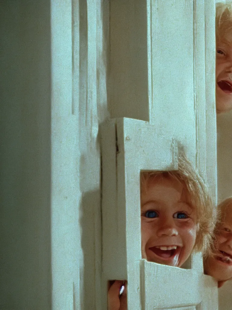 Image similar to a cute little blonde kid trying to see through a huge vertical crack on a white wooden door and grinning maniacally, a film still from the 1980 movie the shining, 4k, grainy, panavision