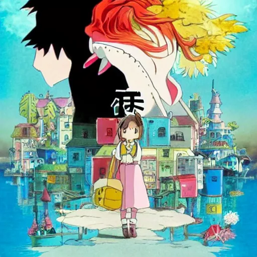 Image similar to A girl and her monster, bright, happy, joyful, Hayao Miyazaki style, Studio Ghibli