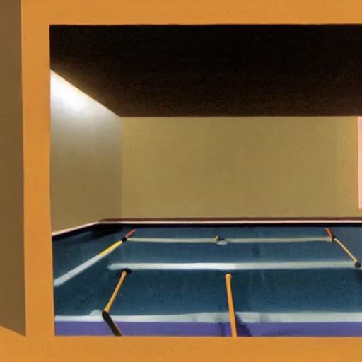 Prompt: the pool rooms by Jared Pike, liminal space, 80's blurry video