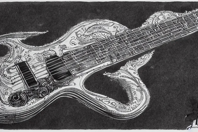 Image similar to blueprint for a guitar designed by Joe Fenton, black ink on textured paper, high detail, sketch, realistic, intricate, technical, art by Joe Fenton and syd mead