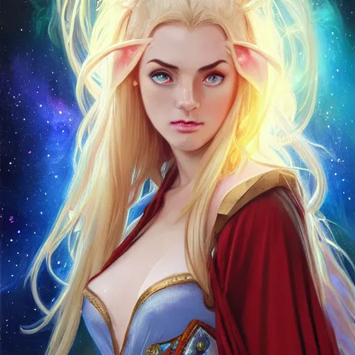 Prompt: blonde female high elf with crazy eyes in a multicolored robe,floatiung in front of a nebula, D&D, fantasy, intricate, cinematic lighting, highly detailed, digital painting, Artstation, concept art, smooth, sharp focus, illustration, art by Artgerm and Greg Rutkowski, Alphonse Mucha and Rossdraws