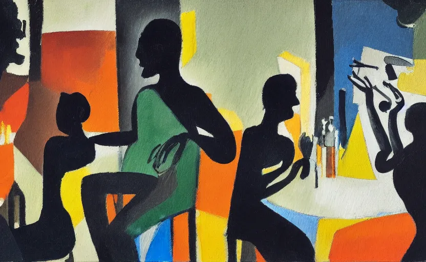 Prompt: oil painting in the style of john craxton. people talking in the shadows of jazz club. seated figure hands on table. strong expressions on faces. smoke. holding cigarettes. playing cards. scratch. strong lighting. brush. single flower. in the style of ivon hitchins. looking. cheekbones.. line drawing.