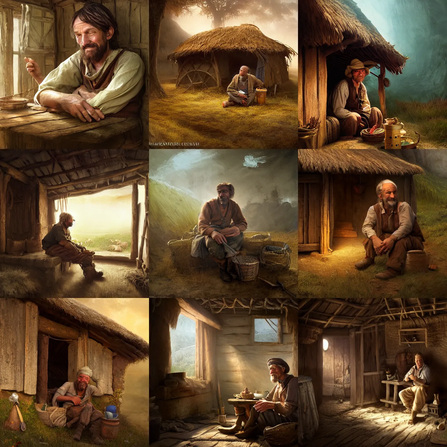 Prompt: 김상중 as an intelligent, cunning, playful peasant man, sits in a peasant hut. High detail, photorealistic, cinematic lighting, brown tones, atmospheric, fantasy concept art by Artur Mósca, Craig Wylie, Daniel Gerhartz