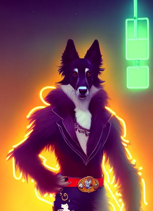 Image similar to wide angle beautiful full body portrait of a cute male anthropomorphic anthro border collie fursona wearing cowboy outfit in a neon metropolis, character design by charlie bowater, henry asencio, and ross tran, furry art, furaffinity, beautiful, glamor pose, detailed, aesthetic, trending on artstation