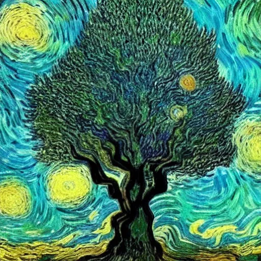 Prompt: giant space tree in the middle of an enchanted forest, Van Gogh art style, detailed,