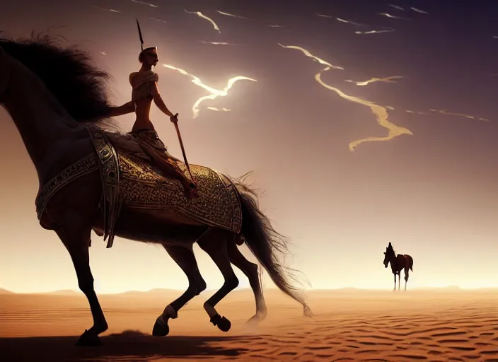 Image similar to arabian knight on arabian horse in the desert, sand environment, illustration, symmetrical, smoky, unreal engine, colors, epic scene, fantasy art by greg rutkowski,, golden raito, high quality, intricate details, details, intricate, atmosphere, highly detailed, matte painting, cinematic, deviantart, realistic, concept art, 4 k