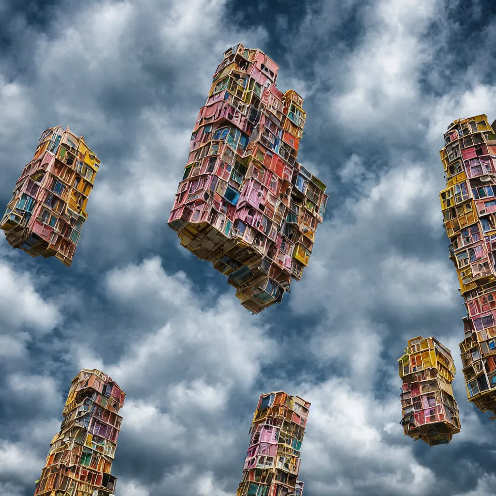 Prompt: close - up towers made up of colourful squatter housing, bleached colours, dramatic cloudy sky, dystopia, mamiya, very detailed, ultra sharp, photographed by john chiara