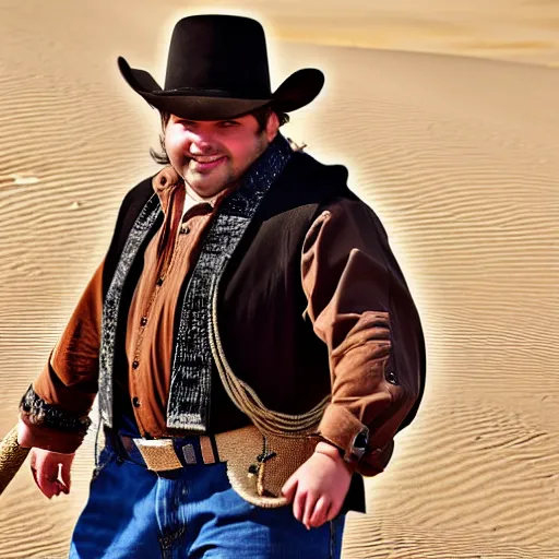 Image similar to close-up cinematic shot of Dan Schneider dressed as a cowboy in the desert, 8k, highly detailed, highly intricate, hd lighting,