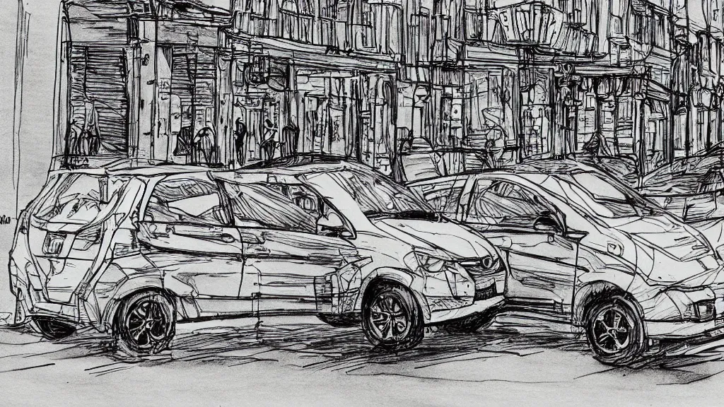 Image similar to compact honda car parked in a european city, ink manga drawing