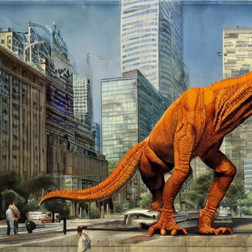 Image similar to tiranasaur tirex in modern city, hyperrealistic, style of james gurney