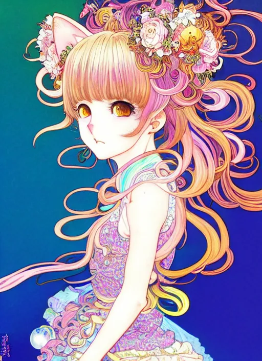 Prompt: manga of beautiful cat girl aside carousel, curls hair, rococo ruffles dress, pastel rainbow, pearlescent, shimmering, prismatic, reflective, rim light, detailed background, by katsuhiro otomo, takeshi obata, alphonse mucha, illustration, artstation, concept art, highly detailed, colorful, maximalist