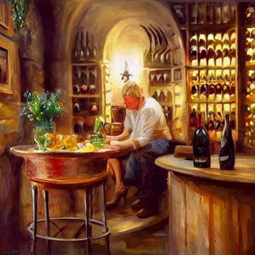 Image similar to wine cellar full of food, torches on the wall, schnapps, romantic, inviting, cozy, blonde woman, painting Vladimir Volegov