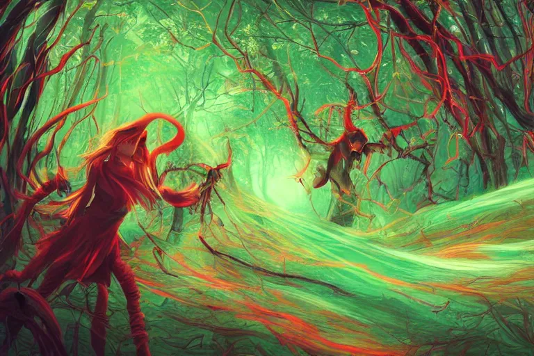 Prompt: colored life and death magic creatures confrontation, swirling scene in forest, spiral lines, concept art, artstation art, award winning, 8k, hd, very very very beautiful, warm green and warm red