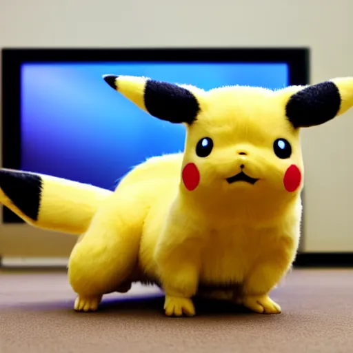 Prompt: Portrait Phtography of Pikachu Crawling out of a Television