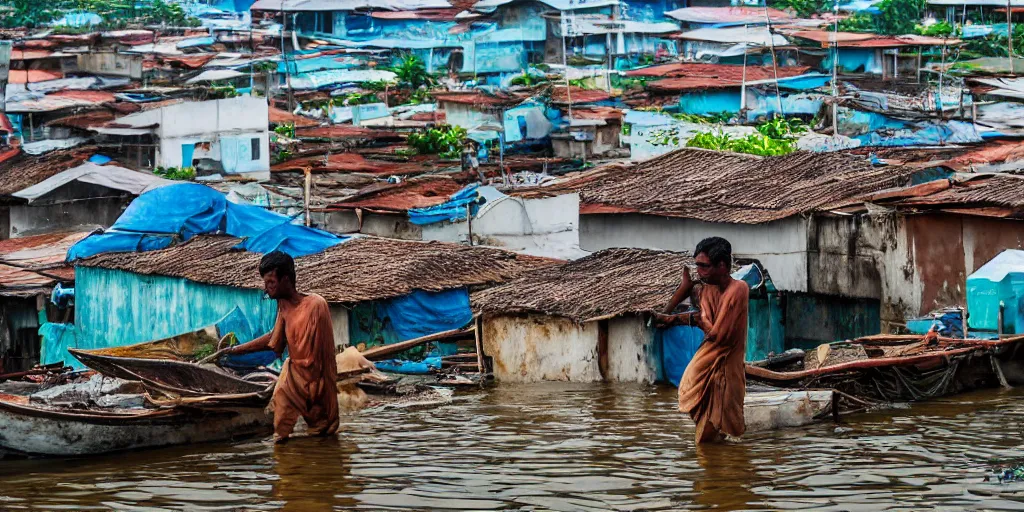 Prompt: fisherman fishing from a rooftop in a submerged sri lankan city