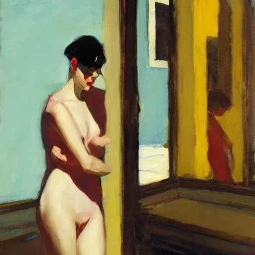 Image similar to artwork by malcolm liepke and edward hopper