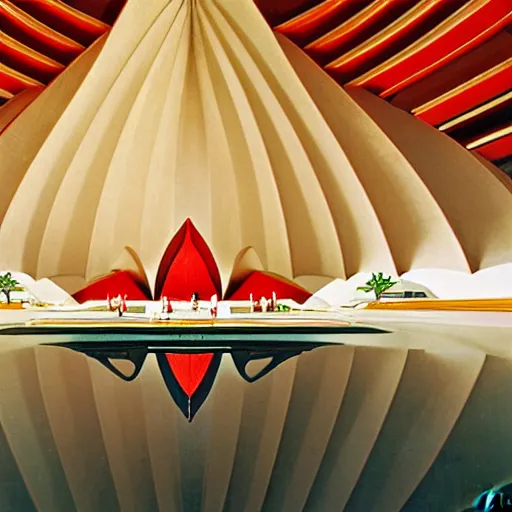 Prompt: interior of a futuristic lotus temple with gold, red and white marble panels, in the desert, by syd mead, intricate contemporary architecture, photo journalism, photography, cinematic, national geographic photoshoot