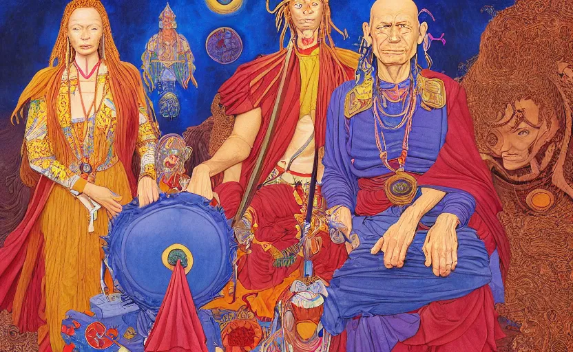 Image similar to an astonishing and hilarious jean giraud work of art of sasha and anne shulgin in the style of a renaissance masters portrait, mystical and new age symbolism and tibetan book of the dead imagery, intricately detailed, chemisty theme, 4 k