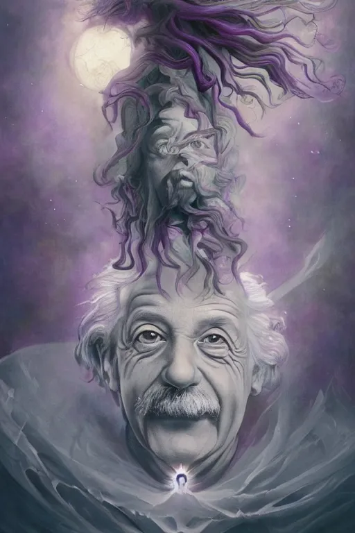 Prompt: breathtakingly beautiful painting of an elegant albert einstein, beautiful hair, symmetrical face, moonlit purple sky, matte painting by brian froud, shaun tan, wlo and peter mohrbacher, highly detailed, intricate,, award winning artwork, trending on artstation, high quality printing, fine art with subtle redshift rendering