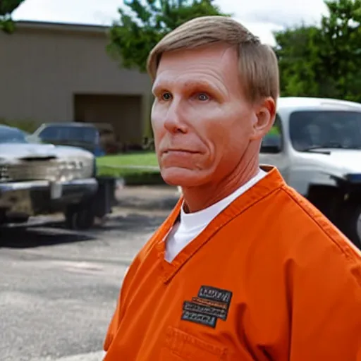 Image similar to pastor kent hovind in orange prison uniform, still from orange is the new black