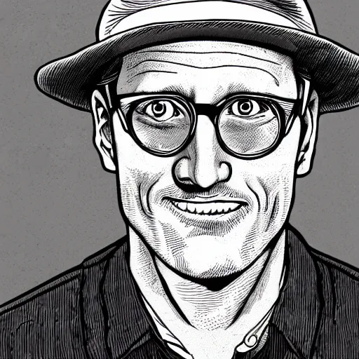 Image similar to a portrait illustration of Woody Harrelson drawn by ROBERT CRUMB