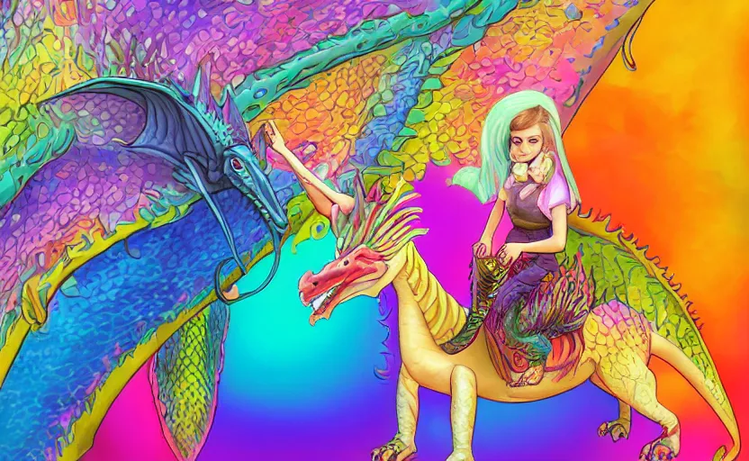 Prompt: teenage girl riding a dragon, digital art, highly detailed, smooth, lisa frank, ultra realistic, bright