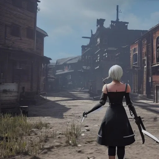 Image similar to Film still of 2B nier automata in a town from Red Dead Redemption 2 (2018 video game), concept art