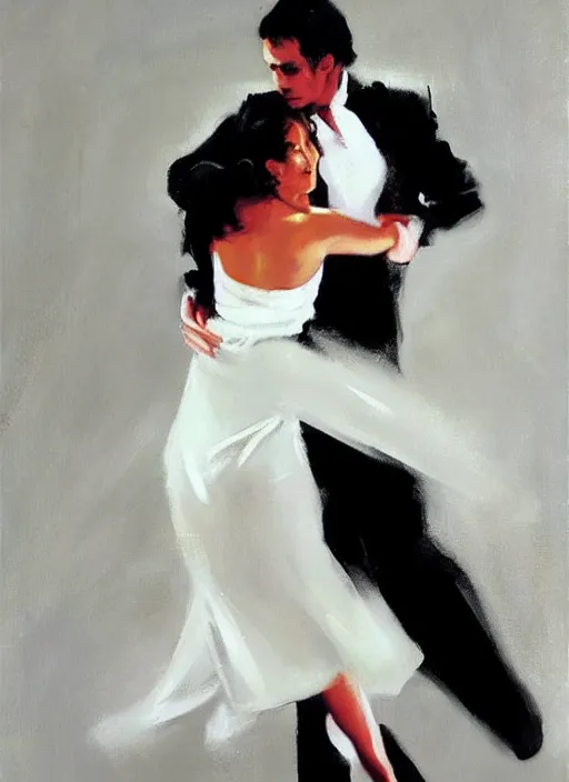 Image similar to sensual tango dancerin in white dress, painting by phil hale, fransico goya,'action lines '!!!, graphic style, visible brushstrokes, motion blur, blurry, visible paint texture, crisp hd image