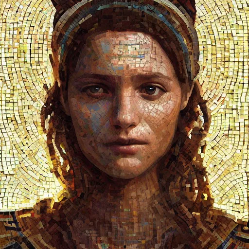 Image similar to mosaic portrait of a beautiful young girl with robot ears falling into the sun by greg rutkowski, 4k, intricate details, dichotomy