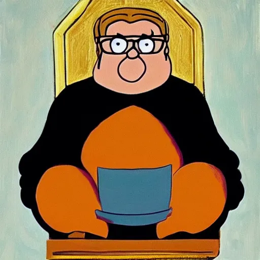 Prompt: Peter Griffin wearing a black robe and sitting on a golden throne on the moon, oil on canvas,