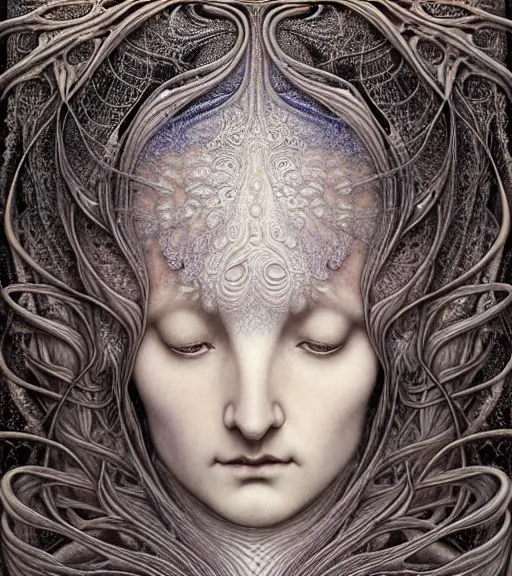 Image similar to detailed realistic beautiful ice goddess face portrait by jean delville, gustave dore, iris van herpen and marco mazzoni, art forms of nature by ernst haeckel, art nouveau, symbolist, visionary, gothic, neo - gothic, pre - raphaelite, fractal lace, intricate alien botanicals, ai biodiversity, surreality, hyperdetailed ultrasharp octane render