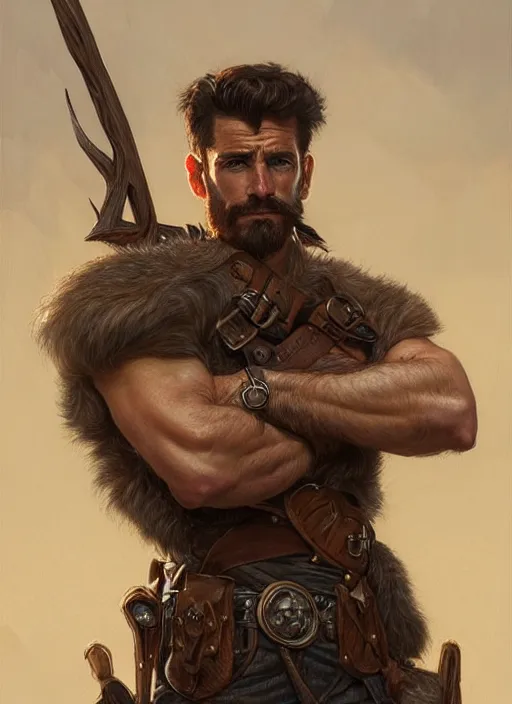 Image similar to portrait of a young ruggedly handsome ranger, muscular, half body, leather, hairy, d & d, fantasy, intricate, elegant, highly detailed, digital painting, artstation, concept art, smooth, sharp focus, illustration, art by artgerm and greg rutkowski and alphonse mucha