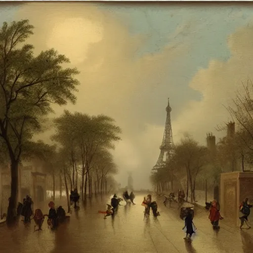 Image similar to 1750 Paris streets getting stormed, in the style of the Hudson River School