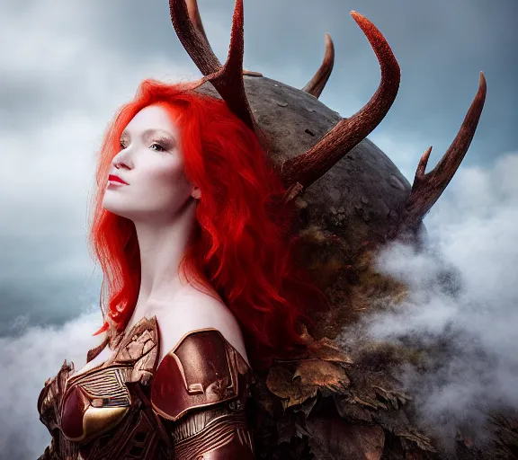 Image similar to a portrait photo of an armored woman warrior redhead with antlers sitting on the edge of a giant red cap mushroom that covers a whole town and reaches above the clouds by luis royo. intricate. lifelike. soft light. sony a 7 r iv 5 5 mm. cinematic post - processing