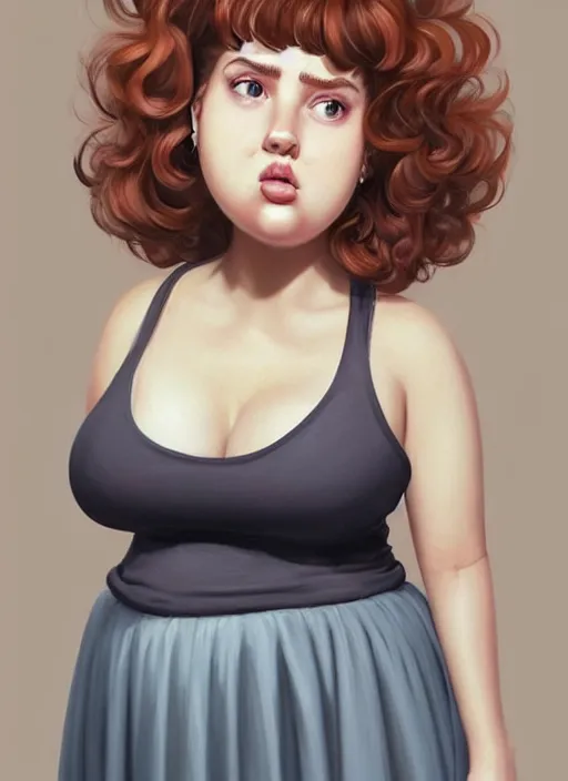 Image similar to full body portrait of teenage betty cooper, obese, bangs, ponytail, sultry, realistic, sultry smirk, ponytail hairstyle, fluffy bangs, curly bangs, skirt, fat, belly, intricate, elegant, highly detailed, digital painting, artstation, concept art, smooth, sharp focus, illustration, art by wlop, mars ravelo and greg rutkowski