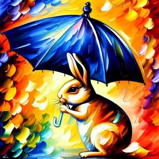 Prompt: rabbit with an umbrella in the rain looks at the pocket watch, by leonid afremov