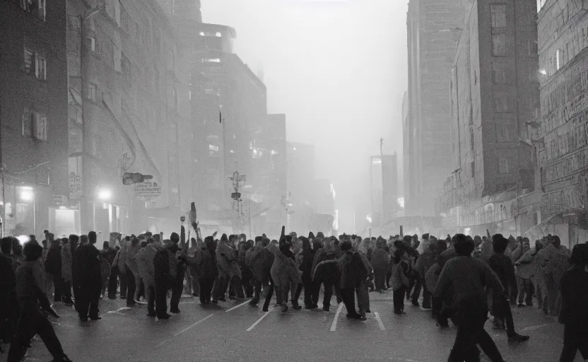 Image similar to 1990s movie still of a yougoslavian street with a large crowd fighting soviet soldiers, with stalinist style highrise, Cinestill 800t 35mm black and white, heavy grainy picture, very detailed, high quality, 4k panoramic, HD criterion, dramatic lightning, streetlight at night, foggy