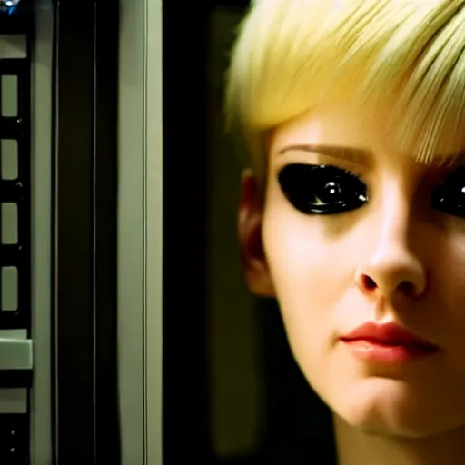 Image similar to beautiful android peeking at you though the curtains, short spiky blonde hair, cyberpunk outfit, still from closed circuit tv footage