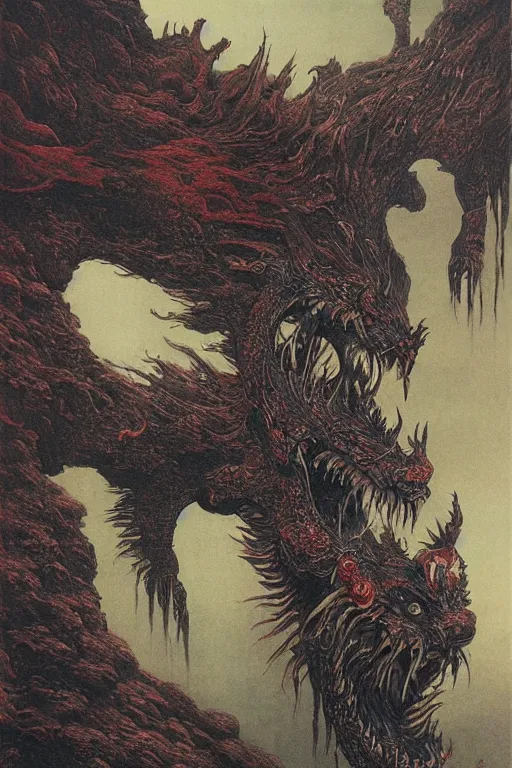 Prompt: oimmortal beast from chinese mythology, chinese dragon slayer concept art, beksinski