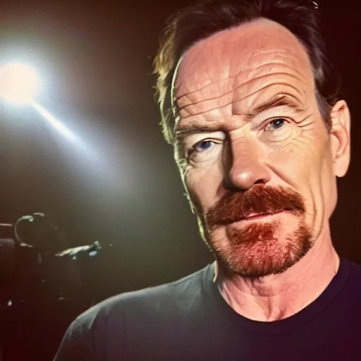 Prompt: A medium shot, cameraphone, indoors photography of Bryan Cranston, golden hour, facebook post 2012